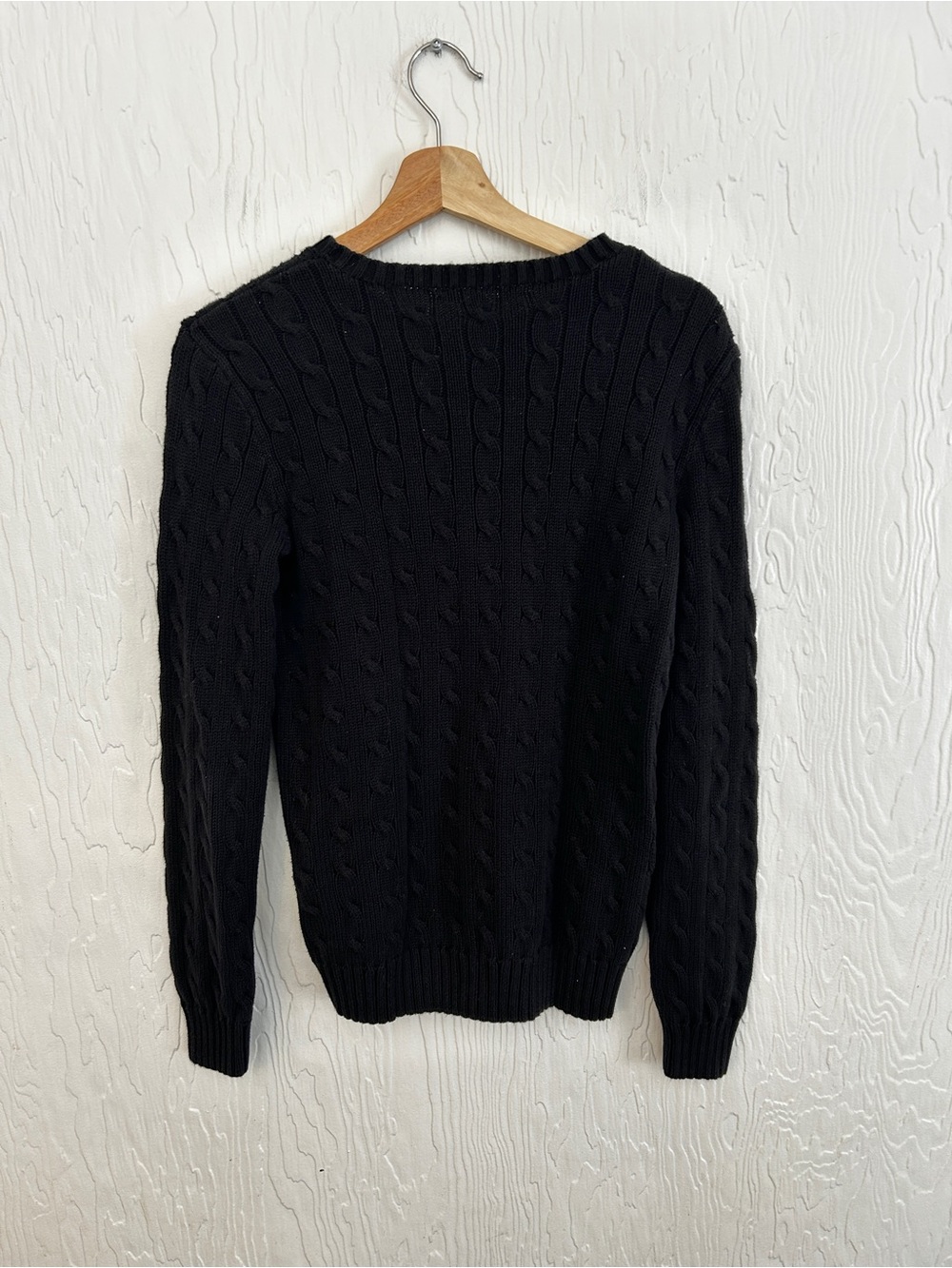 RALPH LAUREN Cotton Cable Knit Crew Neck Sweater Black Medium Preppy Old Money - Picture 4 of 4